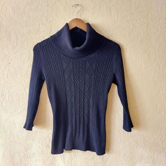 Carolyn Taylor Petite Black Cowl Neck Sweater Cable Knit 3/4 Sleeve Black Large - Picture 1 of 8
